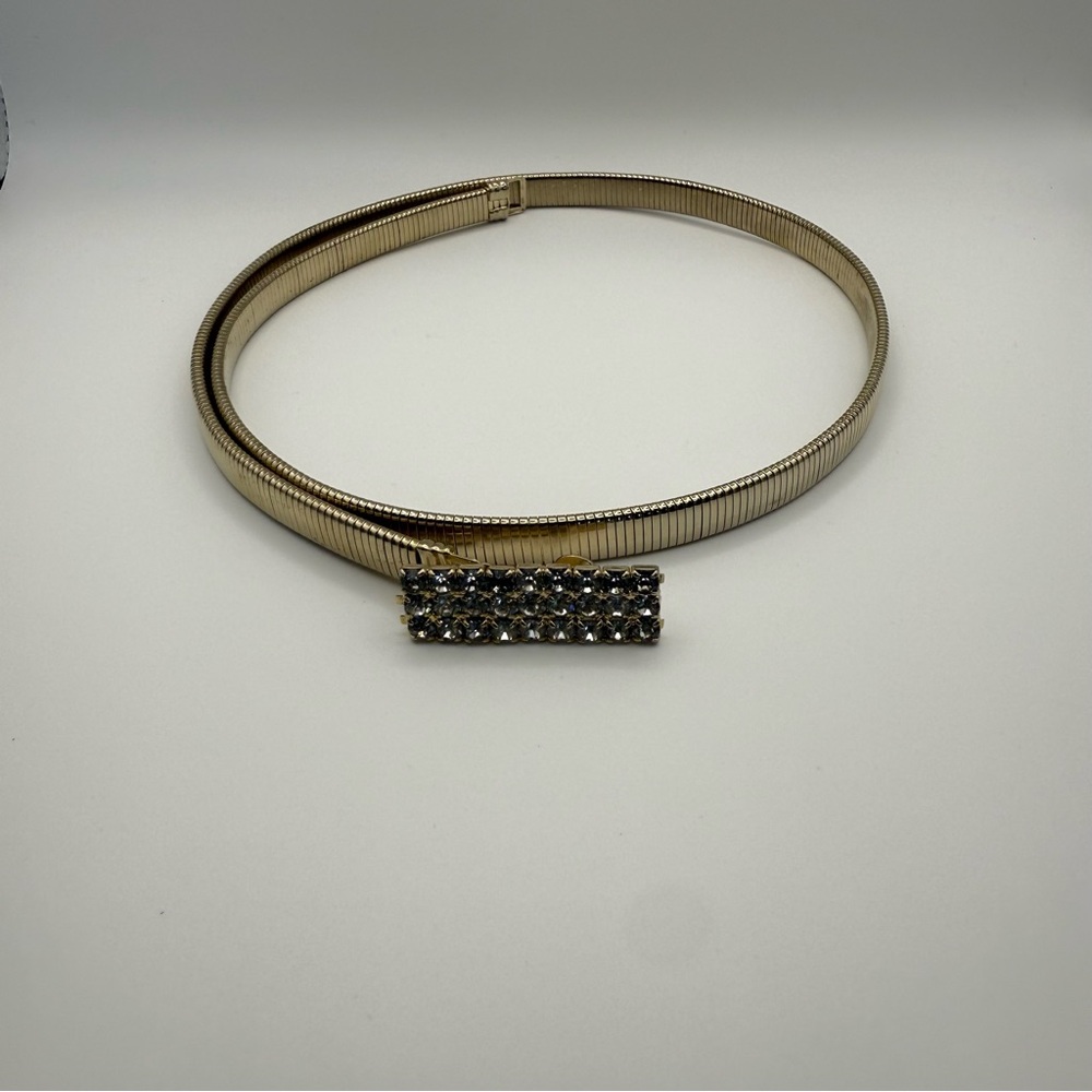 Vintage Womens Stretch Gold Brass Tone Elastic Belt W/Rhinestone Ornate Buckle